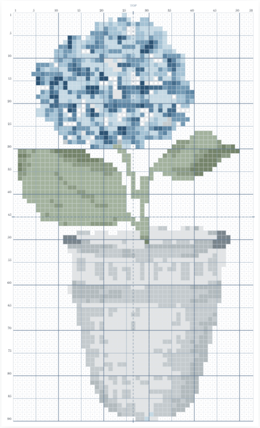 The complete blue hydrangea converted into a centered counted needlepoint chart